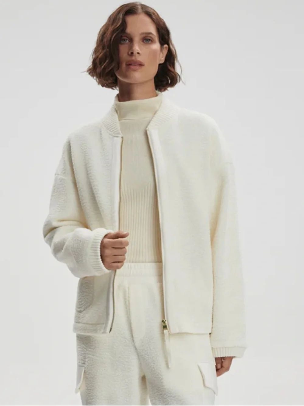 Varley Willmont Patch Pocket Fleece Bomber Jacket Egret Ivory Size Medium